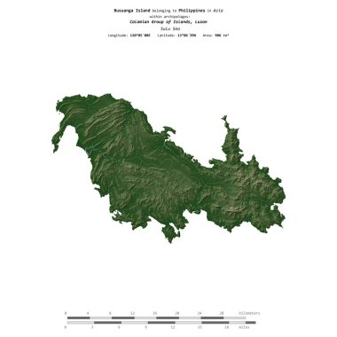 Filipinlere ait Sulu Denizi 'ndeki Busuanga Adası, uzaklık ölçeğine sahip renkli bir yükseklik haritasında izole edilmiştir.