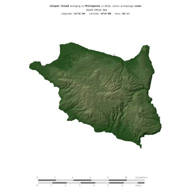 Güney Çin Denizi 'ndeki Calayan Adası, Filipinler' e ait, uzaklık ölçeğinde, renkli bir yükseklik haritasında izole edilmiş.