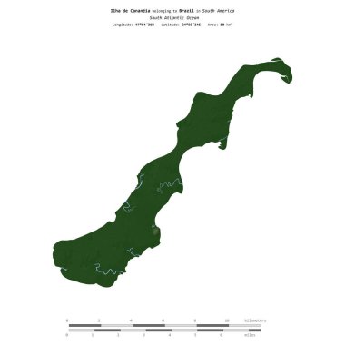 Brezilya 'ya ait Güney Atlantik Okyanusu' ndaki Ilha de Cananeia, uzaklık ölçeğine sahip renkli bir yükseklik haritasında izole edilmiştir.