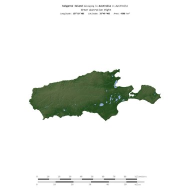 Avustralya 'ya ait Büyük Avustralya Körfezi' ndeki Kanguru Adası, uzaklık ölçeğinde, renkli bir yükseklik haritasında izole edilmiştir.