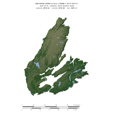 St. Lawrence Körfezi 'ndeki Cape Breton Adası. Kanada' ya ait. Renkli bir yükseklik haritasında izole edilmiş.