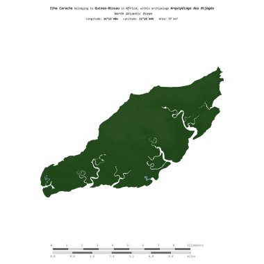 Kuzey Atlantik Okyanusu 'ndaki Ilha Carache, Gine-Bissau' ya ait, uzaklık ölçeğinde, renkli bir yükseklik haritasında izole edilmiş.