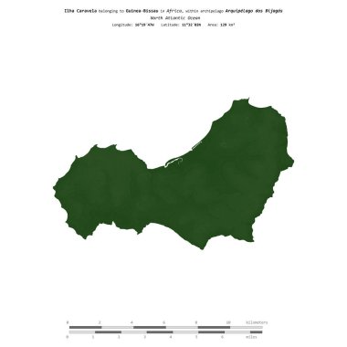 Kuzey Atlantik Okyanusu 'ndaki Ilha Caravela, Gine-Bissau' ya ait, renkli bir yükseklik haritasında izole edilmiş,