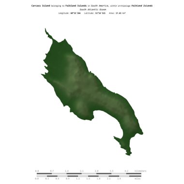 Falkland Adaları 'na ait Güney Atlantik Okyanusu' ndaki Carcass Adası, uzaklık ölçeğinde, renkli bir yükseklik haritasında izole edilmiştir.