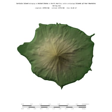 Bering Denizi 'ndeki Carlisle Adası, Amerika Birleşik Devletleri' ne ait, uzaklık ölçeğinde, renkli bir yükseklik haritasında izole edilmiştir.