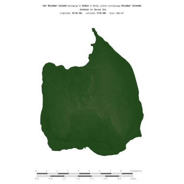 Hindistan 'a ait Andaman ya da Burma Denizi' ndeki araba Nicobar Adası, uzaklık ölçeğine sahip renkli bir yükseklik haritasında izole edilmiştir.