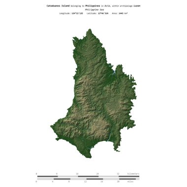 Filipinler 'in Kataduanes Adası, uzak mesafe ölçeğinde, renkli bir yükseklik haritasında izole edilmiştir.