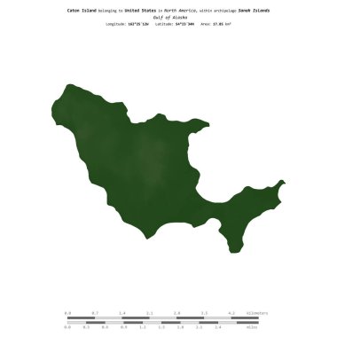 Amerika Birleşik Devletleri 'ne ait Alaska Körfezi' ndeki Caton Adası, uzaklık ölçeğinde, renkli bir yükseklik haritasında izole edilmiştir.