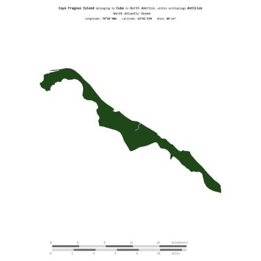 Küba 'ya ait Kuzey Atlantik Okyanusu' ndaki Cayo Fragoso Adası, uzaklık ölçeğine sahip renkli bir yükseklik haritasında izole edilmiştir.