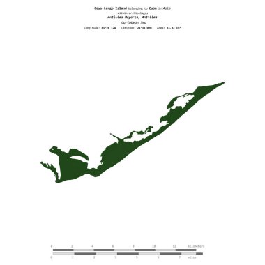 Küba 'ya ait Karayip Denizi' ndeki Cayo Largo Adası, uzaklık ölçeğine sahip renkli bir yükseklik haritasında izole edilmiştir.