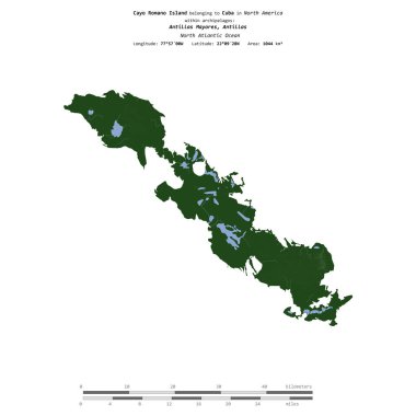 Küba 'ya ait Kuzey Atlantik Okyanusu' ndaki Cayo Romano Adası, uzaklık ölçeğine sahip renkli bir yükseklik haritasında izole edilmiştir.