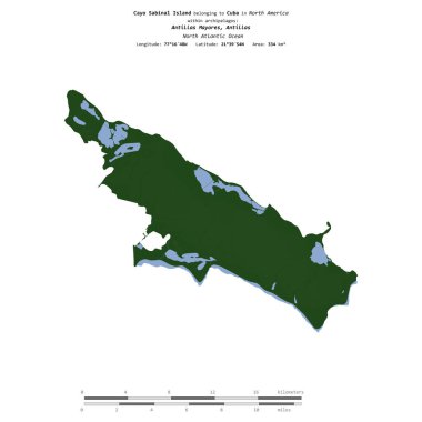 Küba 'ya ait Kuzey Atlantik Okyanusu' ndaki Cayo Sabinal Adası, uzaklık ölçeğine sahip renkli bir yükseklik haritasında izole edilmiştir.