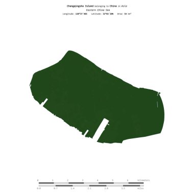 Doğu Çin Denizi 'ndeki Changqingsha Adası, uzaklık ölçeğinde, renkli bir yükseklik haritasında izole edilmiştir.