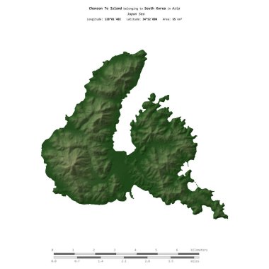 Japonya Denizi 'ndeki Chanson To Adası, Güney Kore' ye ait, uzaklık ölçeğinde, renkli bir yükseklik haritasında izole edilmiş.