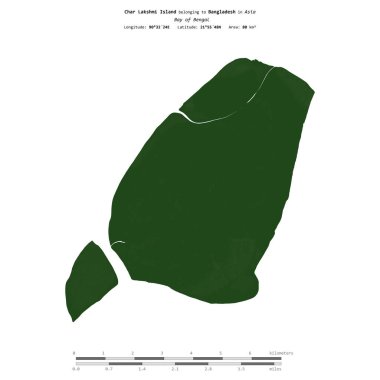 Bengal Körfezi 'ndeki Char Lakshmi Adası, Bangladeş' e ait, uzaklık ölçeğine sahip renkli bir yükseklik haritasında izole edilmiş.