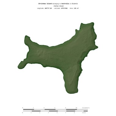 Avustralya 'ya ait Hint Okyanusu' ndaki Noel Adası, uzaklık ölçeğine sahip renkli bir yükseklik haritasında izole edilmiştir.