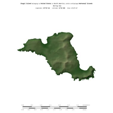 Bering Denizi 'ndeki Chugul Adası, Amerika Birleşik Devletleri' ne ait, uzaklık ölçeğinde, renkli bir yükseklik haritasında izole edilmiştir.