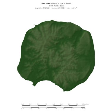 Fiji 'ye ait Güney Pasifik Okyanusu' ndaki Cicia Adası, uzaklık ölçeğine sahip renkli bir yükseklik haritasında izole edilmiştir.