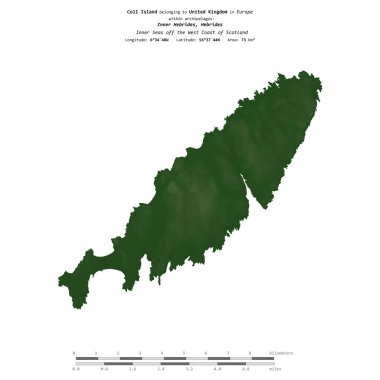 İskoçya 'nın batı kıyısındaki İç Denizler' deki Coll Adası. Birleşik Krallık 'a ait. Renkli bir yükseklik haritasında izole edilmiş.
