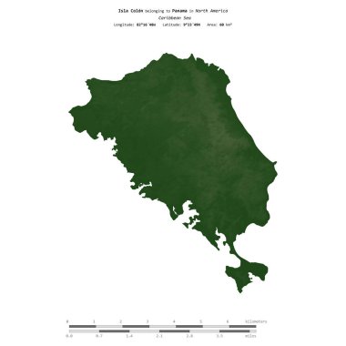 Panama 'ya ait Karayip Denizi' ndeki kalın bağırsak adası, uzaklık ölçeğine sahip renkli bir yükseklik haritasında izole edilmiştir.