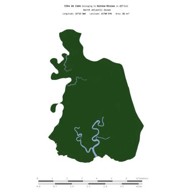 Kuzey Atlantik Okyanusu 'ndaki Ilha de Como, Gine-Bissau' ya ait, uzaklık ölçeğinde, renkli bir yükseklik haritasında izole edilmiş.