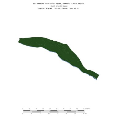 Kuzey Atlantik Okyanusu 'ndaki Corocoro Adası, Guyana, Venezuela, uzaklık ölçeğine sahip renkli bir yükseklik haritasında izole edilmiştir.