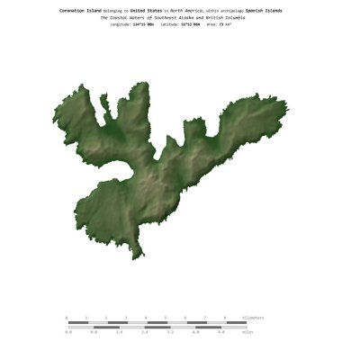 Güneydoğu Alaska ve Britanya Kolumbiyası 'nın Sahil Suları' ndaki taç giyme adası, Amerika Birleşik Devletleri 'ne ait, renkli bir yükseklik haritasında izole edilmiş, mesafe ölçeğinde.