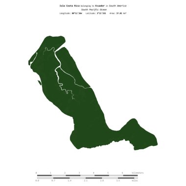 Güney Pasifik Okyanusu 'ndaki Kosta Rika Adası, Ekvador' a ait, uzaklık ölçeğine sahip renkli bir yükseklik haritasında izole edilmiştir.
