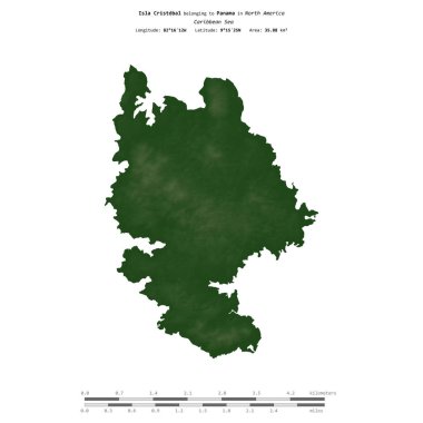 Karayip Denizi 'ndeki Cristobal Adası, Panama' ya ait, renkli bir yükseklik haritasında izole edilmiş, mesafe ölçeğinde.
