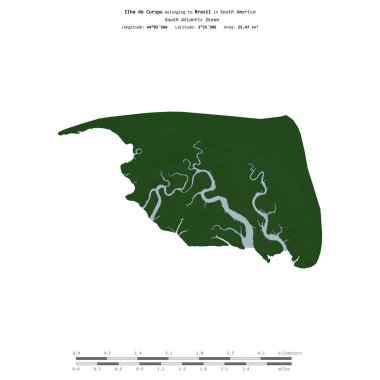 Brezilya 'ya ait Güney Atlantik Okyanusu' nda bulunan Ilha do Curupu renkli bir yükseklik haritasında izole edilmiştir.