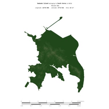 Sarı Deniz 'deki Daebudo Adası, Güney Kore' ye ait, uzaklık ölçeğinde, renkli bir yükseklik haritasında izole edilmiş.