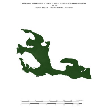 Eritre 'ye ait Kızıl Deniz' deki Dahlak Kebir Adası, uzaklık ölçeğinde, renkli bir yükseklik haritasında izole edilmiştir.
