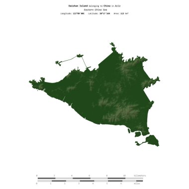 Doğu Çin Denizi 'ndeki Daishan Adası, uzaklık ölçeğinde, renkli bir yükseklik haritasında izole edilmiştir.