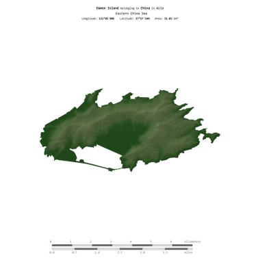 Doğu Çin Denizi 'ndeki Damen Adası, Çin' e ait, uzaklık ölçeğinde renkli bir yükseklik haritasında izole edilmiş.