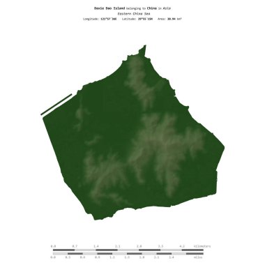 Doğu Çin Denizi 'ndeki Daxie Dao Adası, Çin' e ait, uzaklık ölçeğinde, renkli bir yükseklik haritasında izole edilmiş.