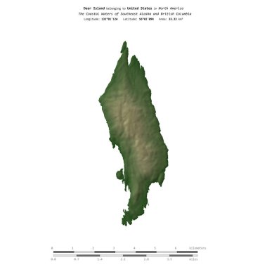 Güneydoğu Alaska ve Britanya Kolumbiyası 'nın Kıyı Suları' ndaki Geyik Adası, Amerika Birleşik Devletleri 'ne ait, renkli bir yükseklik haritasında izole edilmiş,