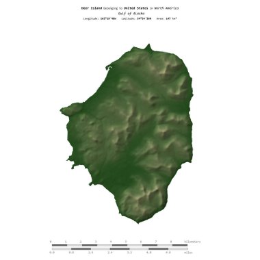 Alaska Körfezi 'ndeki Geyik Adası, Amerika Birleşik Devletleri' ne ait, uzaklık ölçeğinde, renkli bir yükseklik haritasında izole edilmiş.