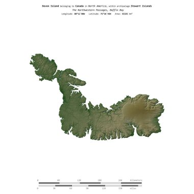 Kanada 'ya ait Baffin Körfezi' ndeki Devon Adası, uzaklık ölçeğinde, renkli bir yükseklik haritasında izole edilmiştir.