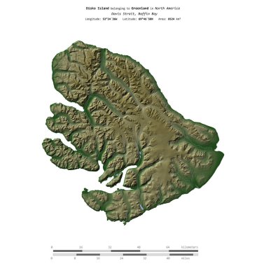 Grönland 'a ait Baffin Körfezi' ndeki Disko Adası, uzaklık ölçeğine sahip renkli bir yükseklik haritasında izole edilmiş.