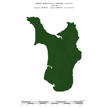 Avustralya 'ya ait Timor Denizi' ndeki Docherty Adası, uzaklık ölçeğine sahip renkli bir yükseklik haritasında izole edilmiştir.