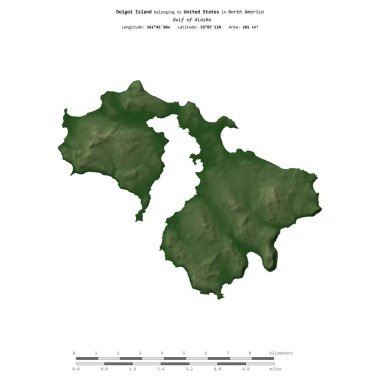 Amerika Birleşik Devletleri 'ne ait Alaska Körfezi' ndeki Dolgoi Adası, uzaklık ölçeğinde, renkli bir yükseklik haritasında izole edilmiştir.