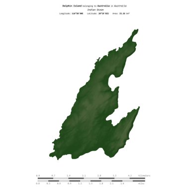Avustralya 'ya ait Hint Okyanusu' ndaki yunus adası, uzaklık ölçeğinde, renkli bir yükseklik haritasında izole edilmiştir.