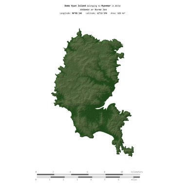 Andaman veya Burma Denizi 'ndeki Kubbe Kyun Adası, Myanmar' a ait, renkli bir yükseklik haritasında izole edilmiş, mesafe ölçeğinde.
