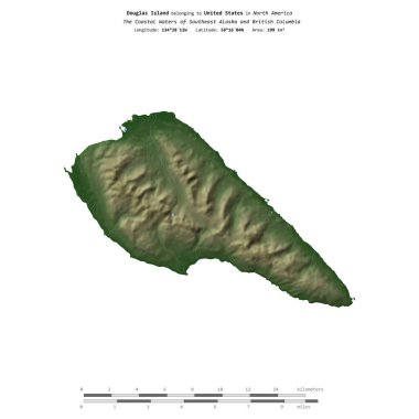 Güneydoğu Alaska ve Britanya Kolumbiyası 'nın Sahil Suları' ndaki Douglas Adası, Amerika Birleşik Devletleri 'ne ait, renkli bir yükseklik haritasında izole edilmiş,