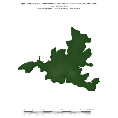 Falkland Adalarına ait Güney Atlantik Okyanusu 'ndaki Dyke Adası, uzaklık ölçeğine sahip renkli bir yükseklik haritasında izole edilmiştir.