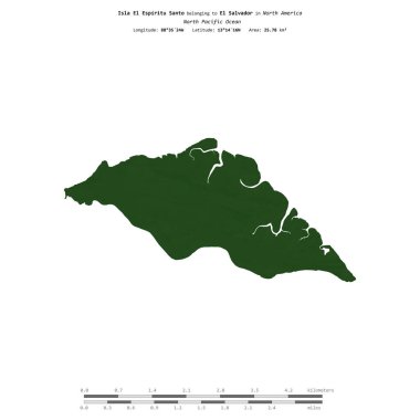 El Salvador 'a ait Kuzey Pasifik Okyanusu' ndaki El Espiritu Adası, uzaklık ölçeğinde, renkli bir yükseklik haritasında izole edilmiştir.