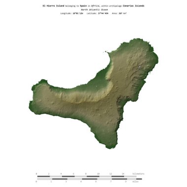 İspanya 'ya ait Kuzey Atlantik Okyanusu' ndaki El Hierro Adası, uzaklık ölçeğinde, renkli bir yükseklik haritasında izole edilmiştir.
