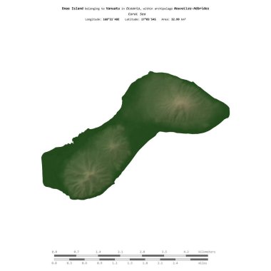Vanuatu 'ya ait Mercan Denizi' ndeki Emae Adası, uzaklık ölçeğinde, renkli bir yükseklik haritasında izole edilmiştir.