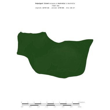 Avustralya 'ya ait Timor Denizi' ndeki Endyalgout Adası, uzaklık ölçeğine sahip renkli bir yükseklik haritasında izole edilmiştir.