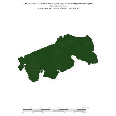 Kuzey Atlantik Okyanusu 'ndaki Ilha Enu, Gine-Bissau' ya ait, uzaklık ölçeğinde, renkli bir yükseklik haritasında izole edilmiş.